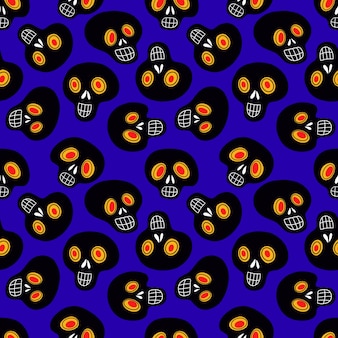 Pattern with black skulls on a blue background
