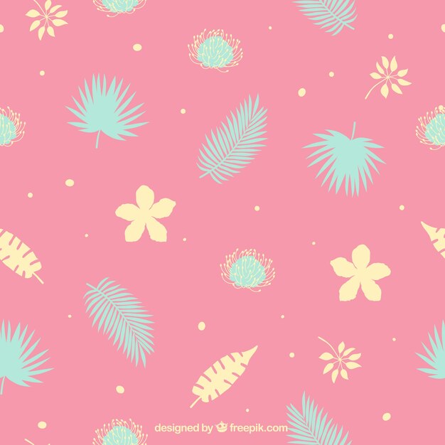 Pattern with blue and yellow leaves with pink background