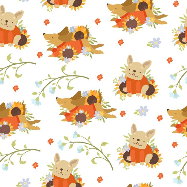 Pattern with cheerful dogs in sunflowers