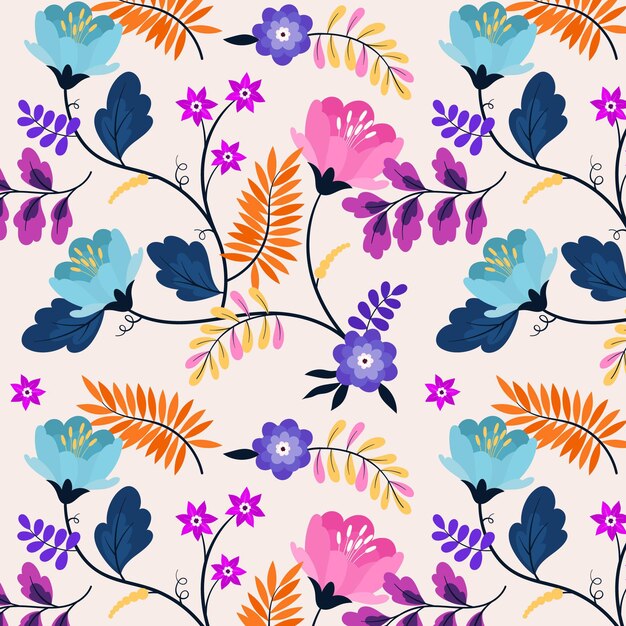 Pattern with colorful exotic flowers and leaves