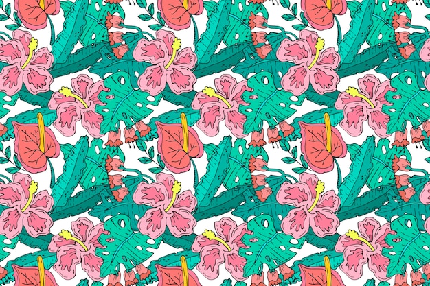 Free vector pattern with colorful exotic leaves and flowers