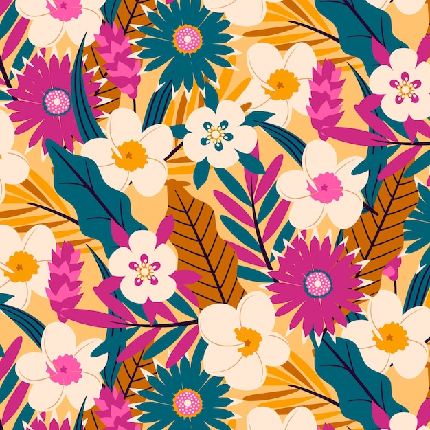 Pattern with exotic flowers and leaves