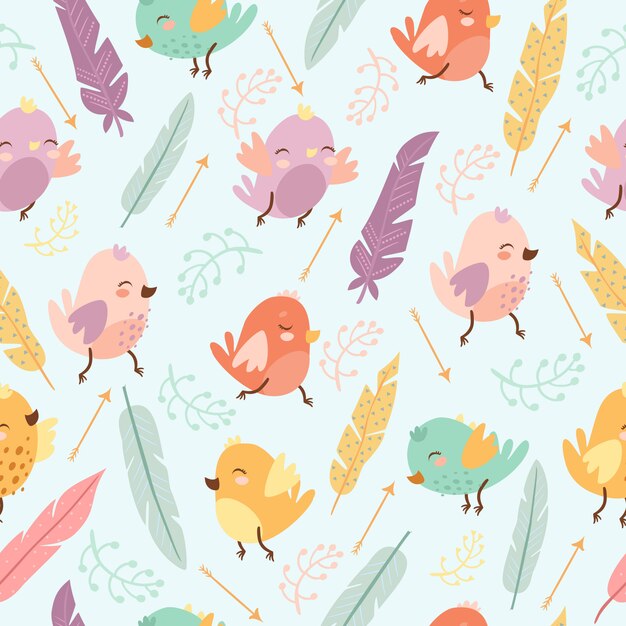 Pattern with feathers and birds