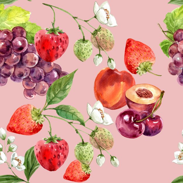 Pattern with grape, strawberry and cherry, seamless pink background illustration template
