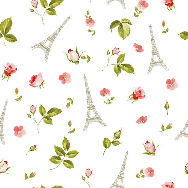 Pattern with red flowers leaves and eiffel tower.