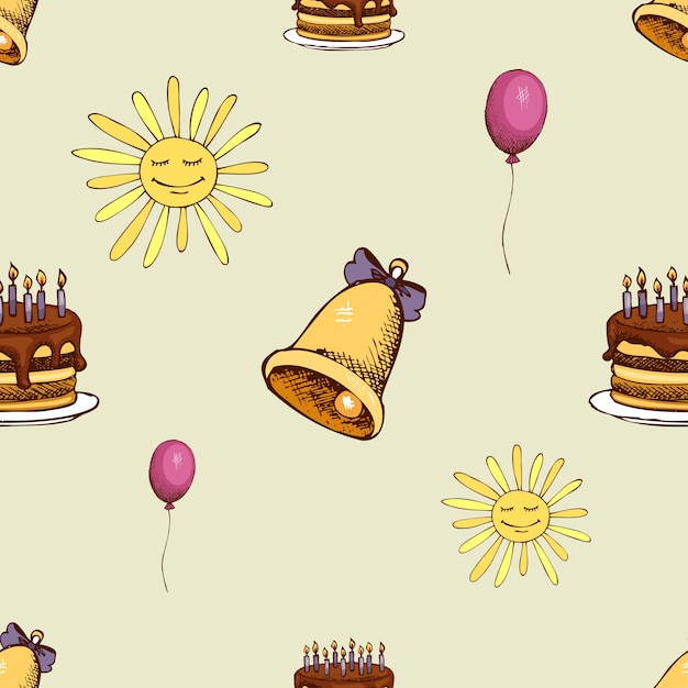 Free vector pattern with sun, bell and cake. hipster decoration seamless background.