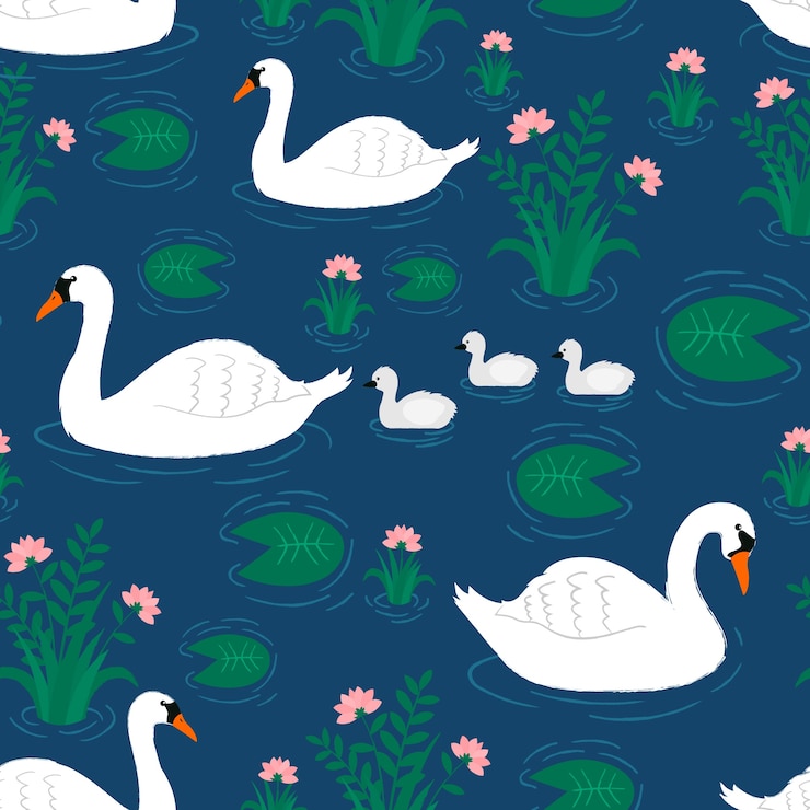 Free Vector pattern with white swan and little babies