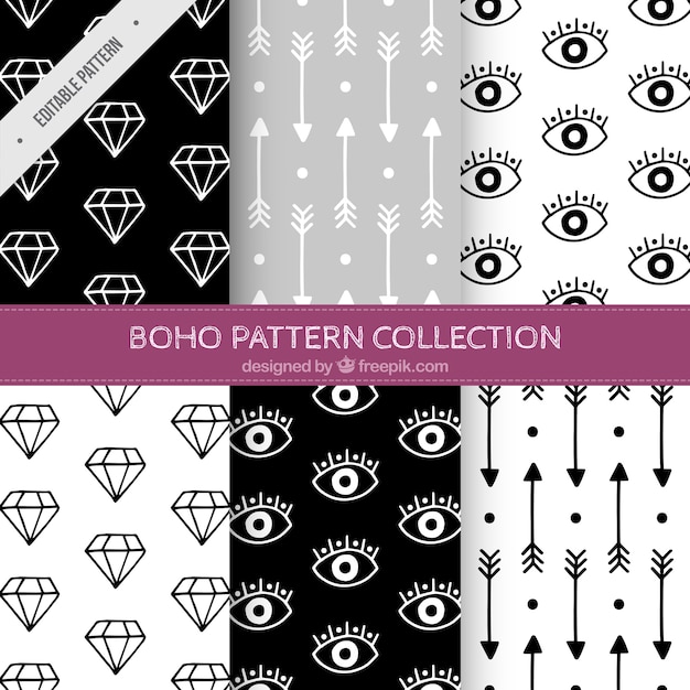 Free vector patterns of drawings set in boho style