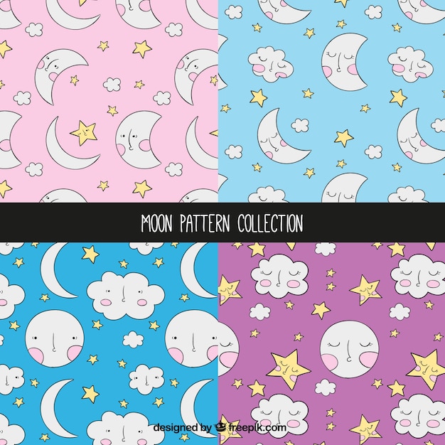 Patterns of hand drawn moons and clouds set