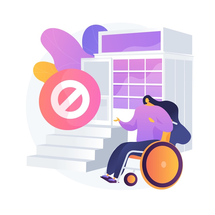 Free Vector pavement for disabled people. lack of conditions for people with disabilities. handicapped woman on wheelchair. barrier-free environment, accessibility. 