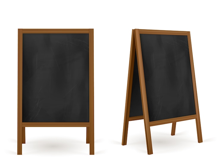 Free Vector pavement sign, street chalk board cafe menu, advertisement outdoor stand. information and promotion outside billboard. isolated chalkboard or easel, promo banner, realistic 3d vector illustration