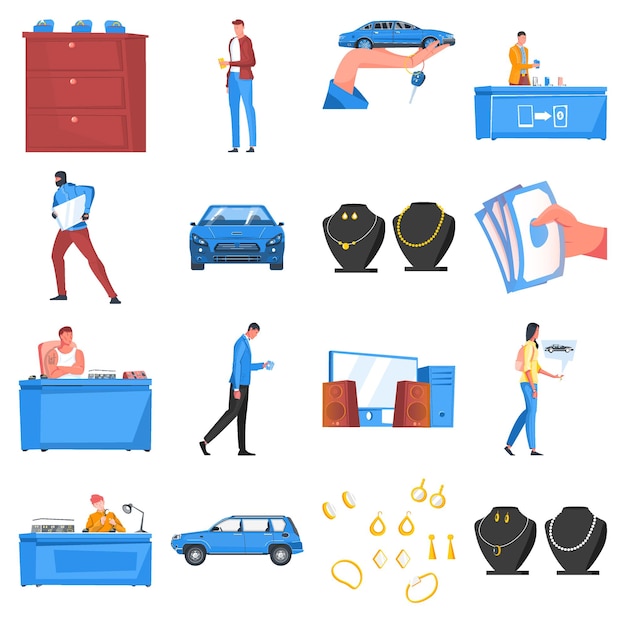 Free vector pawnshop colored flat icons set with human characters jewelry car burglar cash counter isolated on white background vector illustration