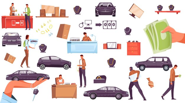 pawnshop flat icons set with jewelry cars electronic appliances robber pawnbroker isolated on white background vector illustration