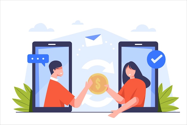 Pay by smart phone wallet transaction sending digital money money transferring digitally from one mobile phone to another vector flat illustration