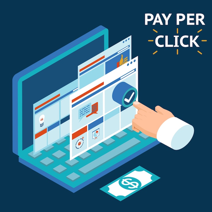 Free Vector pay per click, infographics illustration. touch your finger to the screen of a laptop