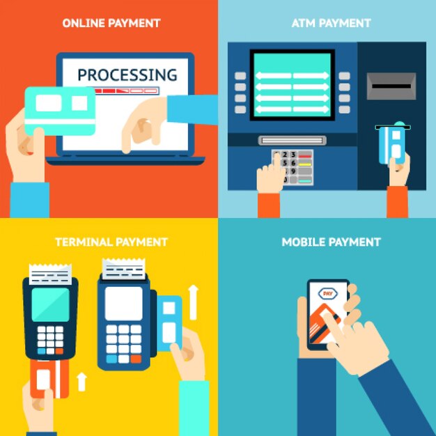 Payment methods. business and buy, flat design and money. credit card, cash, mobile app and atm terminal. vector illustration