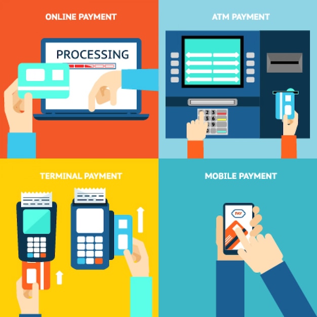 Payment methods. Business and buy, flat design and money. Credit card, cash, mobile app and ATM terminal. Vector illustration