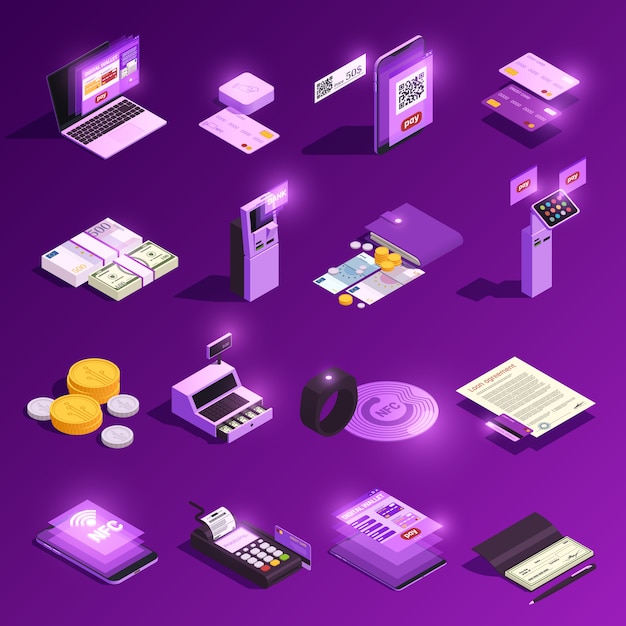 Payment Methods Glowing Isometric Icons