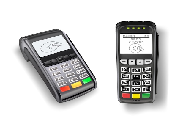 Payment terminal machine for credit cards set Two electronic wireless readers for purchases