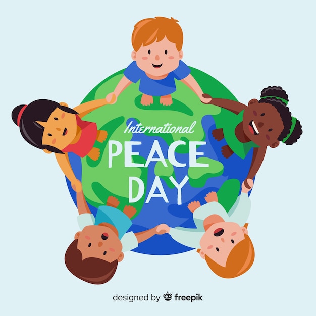 Free vector peace day background children holding hands around the world