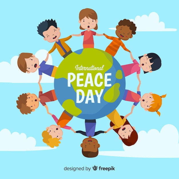 Free vector peace day background children holding hands around the world