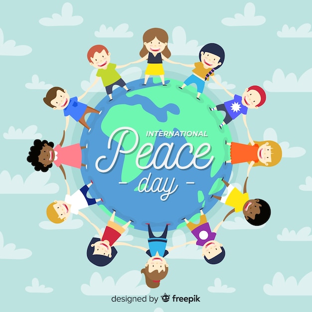 Free vector peace day background with kids holding hands around earth