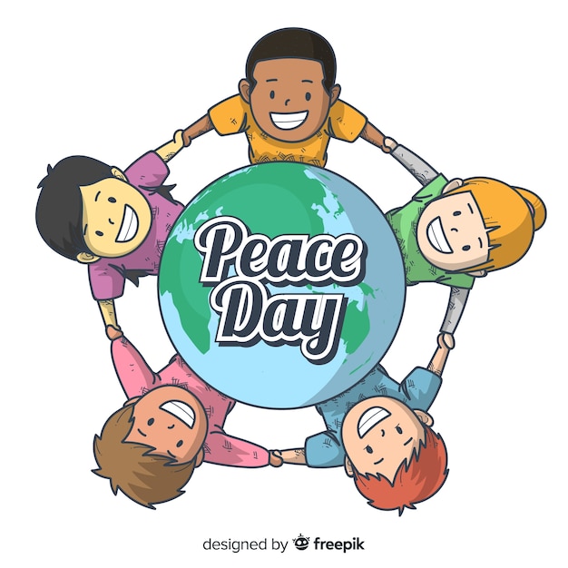 Free vector peace day background with kids holding hands around earth