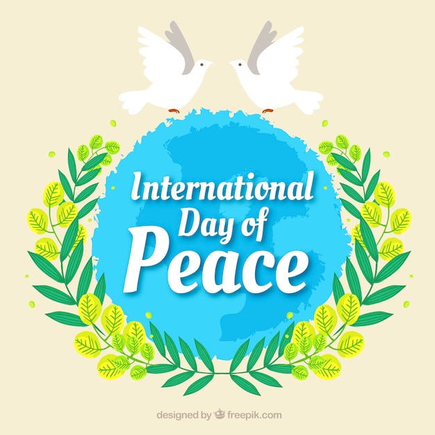 Peace day background with world with decorative doves and leaves
