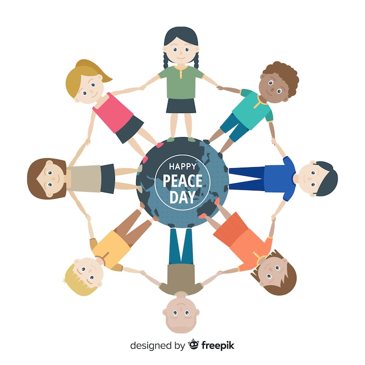 Free Vector peace day composition with children holding hands around the world