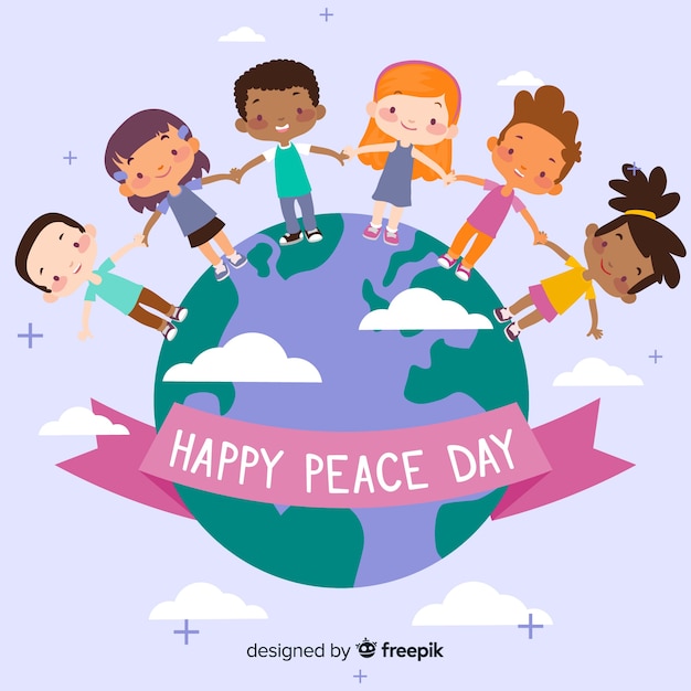 Free vector peace day composition with children holding hands around the world