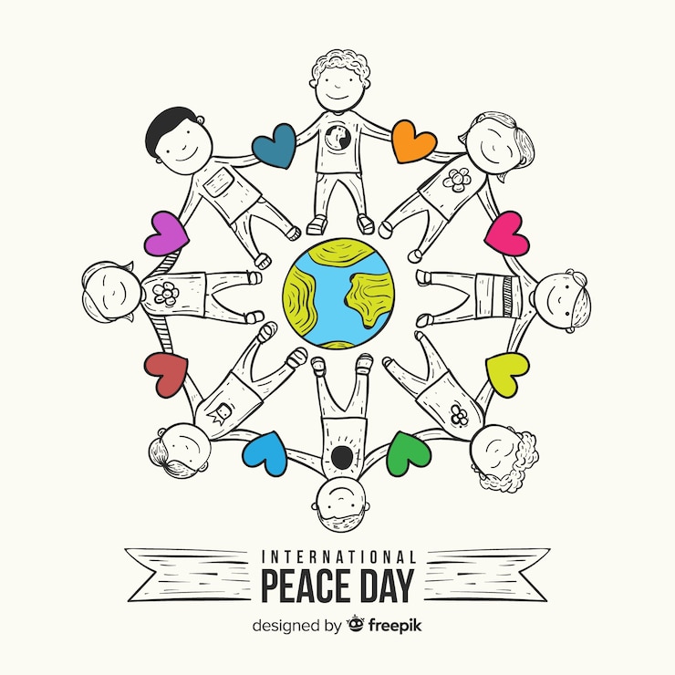 Free Vector peace day composition with children holding hands around the world