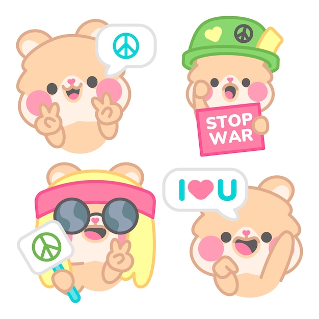 Free vector peace and love stickers collection with kimchi the hamster
