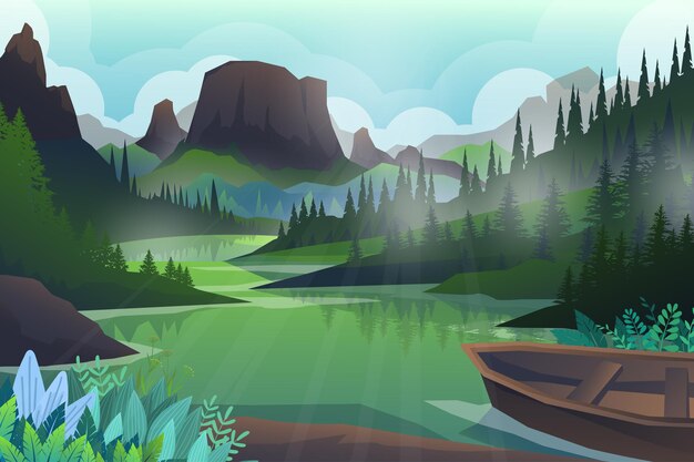 Peaceful hill and forest tree and mountains rock, Beautiful landscape, outdoors adventure on green and boat,  illustration