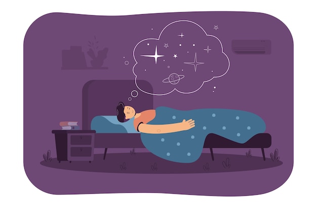 Бесплатное векторное изображение Мирный мужчина спит в спальне, отдыхает в постели, мечтает о пространстве. иллюстрации шаржа