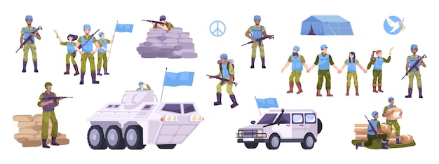 Peacekeepers flat icon set with military in uniform and with flags tanks and military vehicles tents and uniforms vector illustration