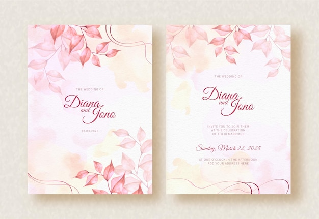 結婚式招待状の背景にスプラッシュと桃の花の水彩画