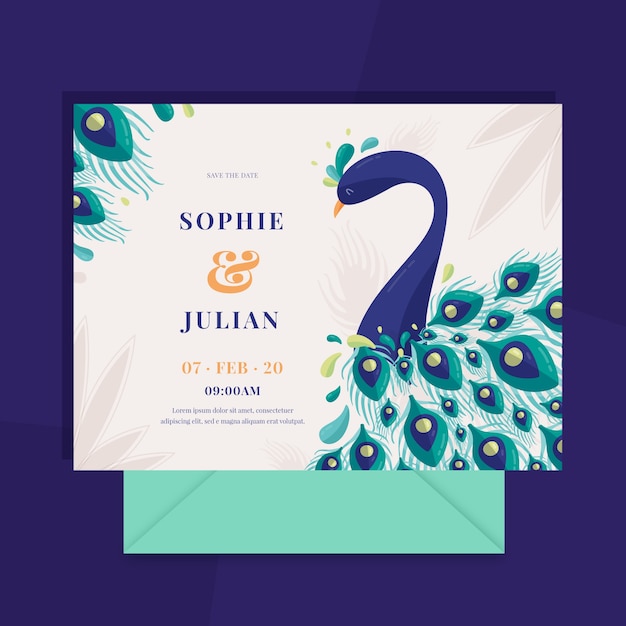 Free vector peacock wedding invitation and feathers