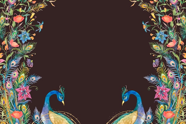 Free vector peacocks frame vector with watercolor flowers on black background