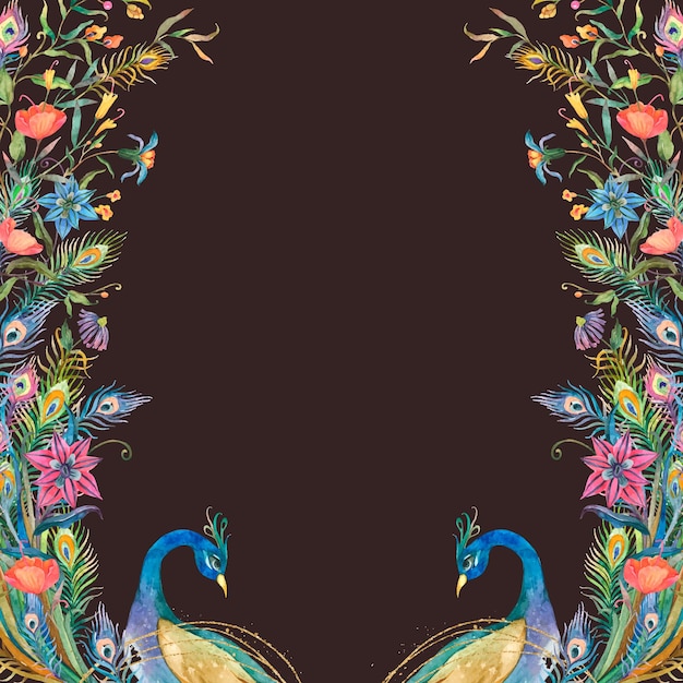 Free vector peacocks frame with watercolor flowers on black background