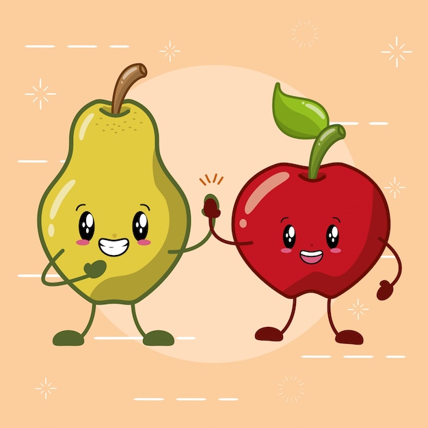 Free vector pear and apple kawaii fruits