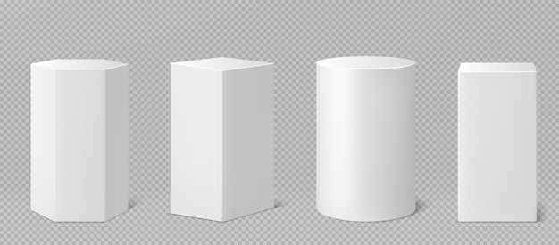 Пьедесталы или подиумы, абстрактные геометрические пустые музейные сцены, экспонаты для церемонии награждения или презентации продукта. Платформа галереи, геометрические пустые стойки для продуктов, реалистичный набор 3d