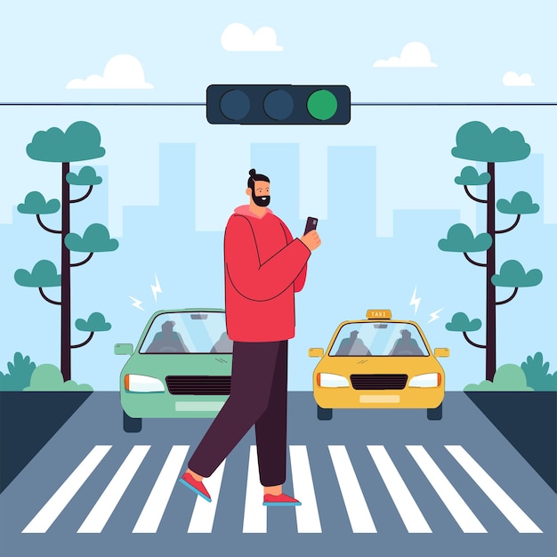 Free vector pedestrian crossing crosswalk on road at green traffic light. man walking on zebra, holding mobile phone flat vector illustration. safety on street, accident, compliance with traffic rules concept