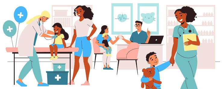 Free Vector pediatric room flat composition with friendly doctors and smiling little patients vector illustration