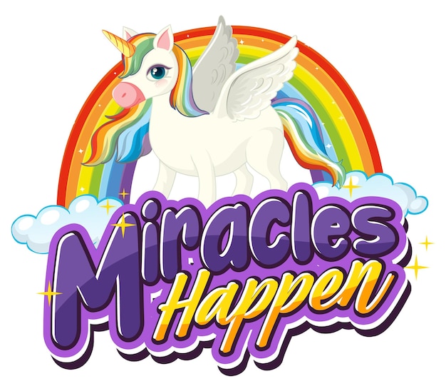 Personaggio dei cartoni animati di pegasus con banner di carattere miracles happen