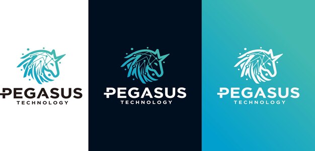 페가수스 기술 말 로고 아이콘 디자인 서식 파일입니다. 파란색 그라데이션 색상의 페가수스 기술 로고