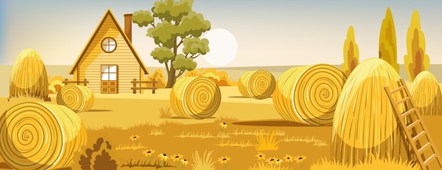 Free vector peisage of a field with haystacks