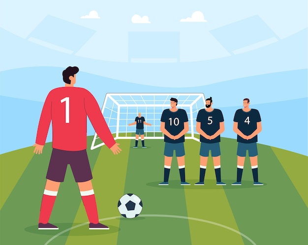 Penalty kick of soccer player on field of stadium. male goalkeeper and team of defenders defending gate from pitch and ball hit flat vector illustration. penalty shot, football match, league concept