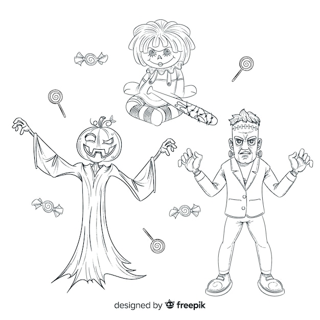 Pencil drawings of halloween character collection