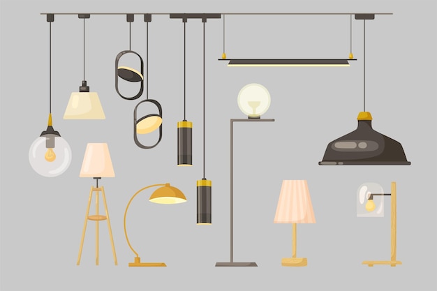 Vettore gratuito lampade a sospensione e lampadari e set di illustrazioni a cartoni animati. vari lampadari in stile moderno, plafoniere con lampadine per la decorazione della casa. design, interni, concetto di elettricità