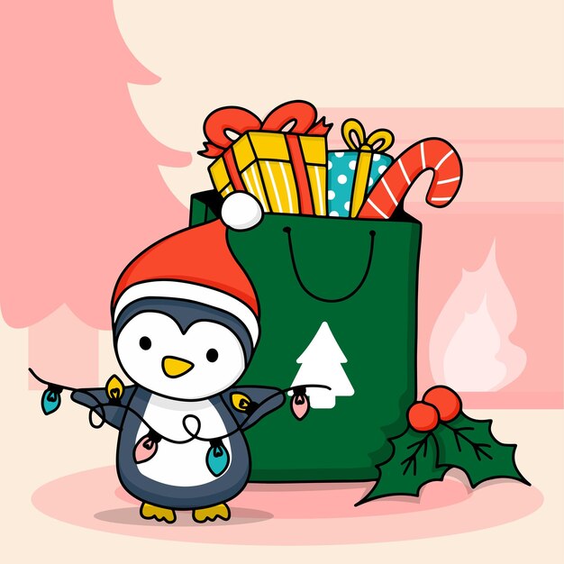 penguin with bag and gift boxes